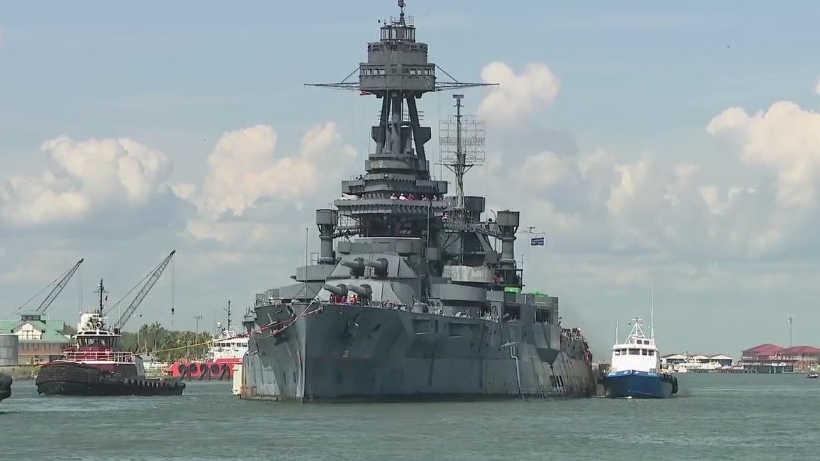 Battleship Texas moves into Galveston