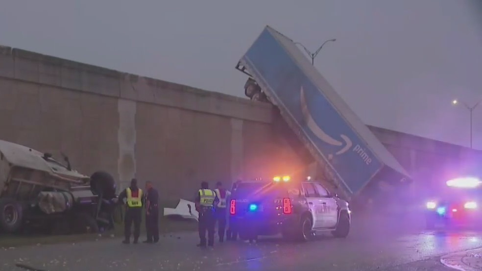 Amazon delivery truck hangs off overpass in San Antonio
