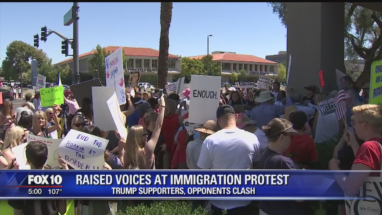 Cacophony reigns in Phoenix, as groups for and against Trump's border policy protest