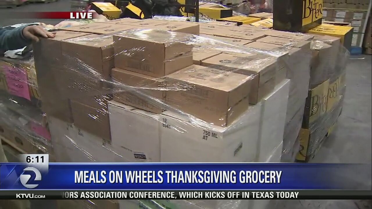 Preparing Thanksgiving packages at Meals on Wheels in San Francisco