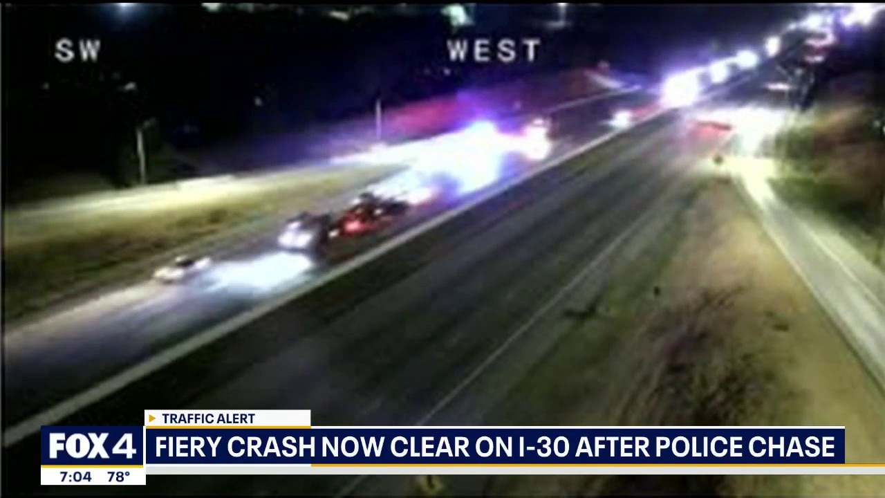 Police chase ends in fiery crash on I-30