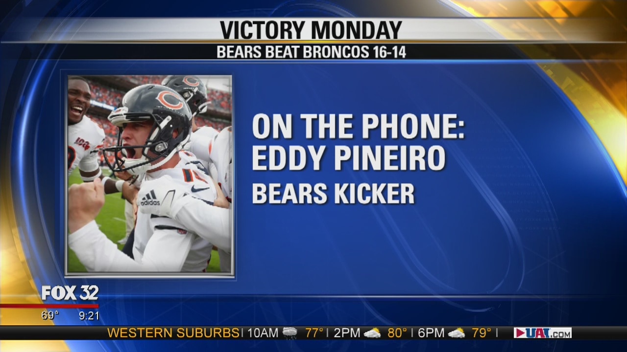 Eddy Pineiro speaks with FOX 32 after kicking game-winning field goal against Broncos
