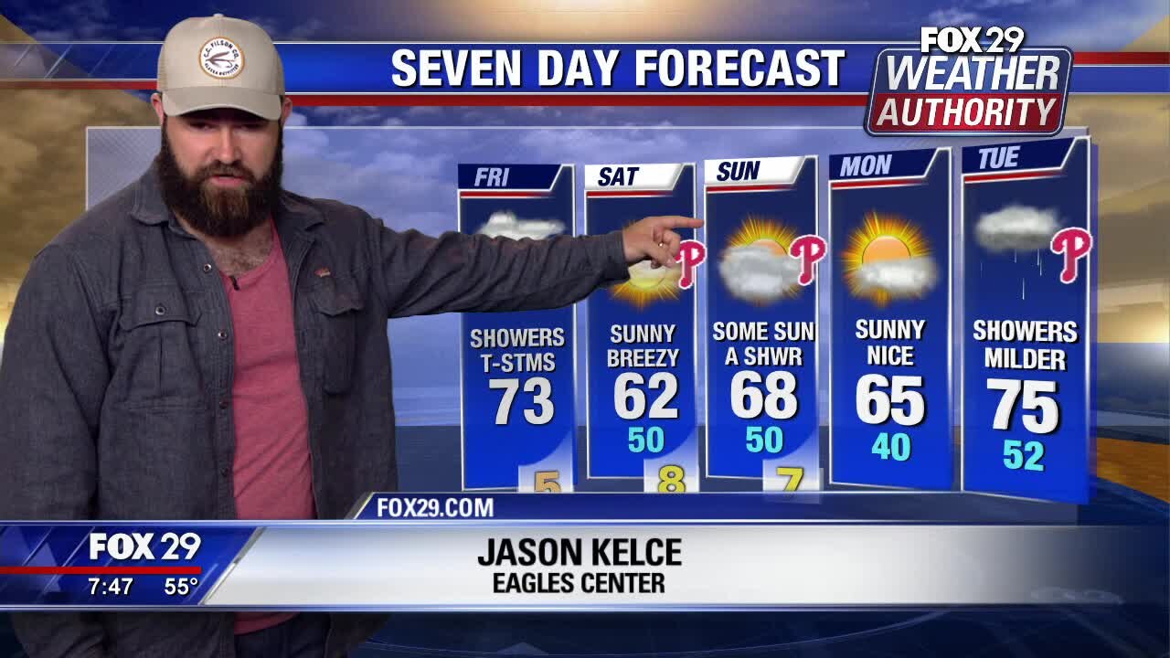 Eagles? Jason Kelce helps Sue Serio with the weather