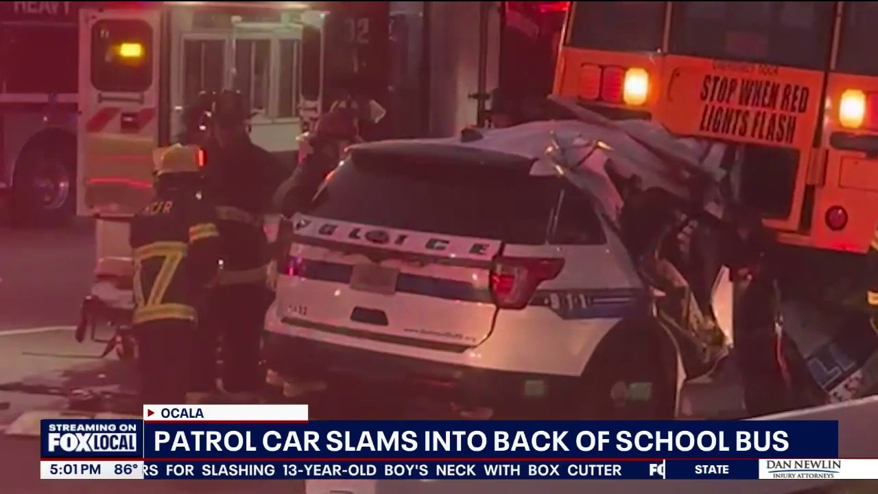 Officer seriously injured after cruiser crashes into school bus
