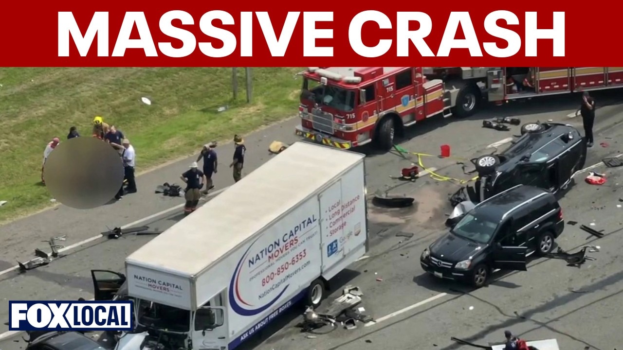 Out-of-control moving truck crashes into 10 cars on Columbia Pike, Cybertruck split in half