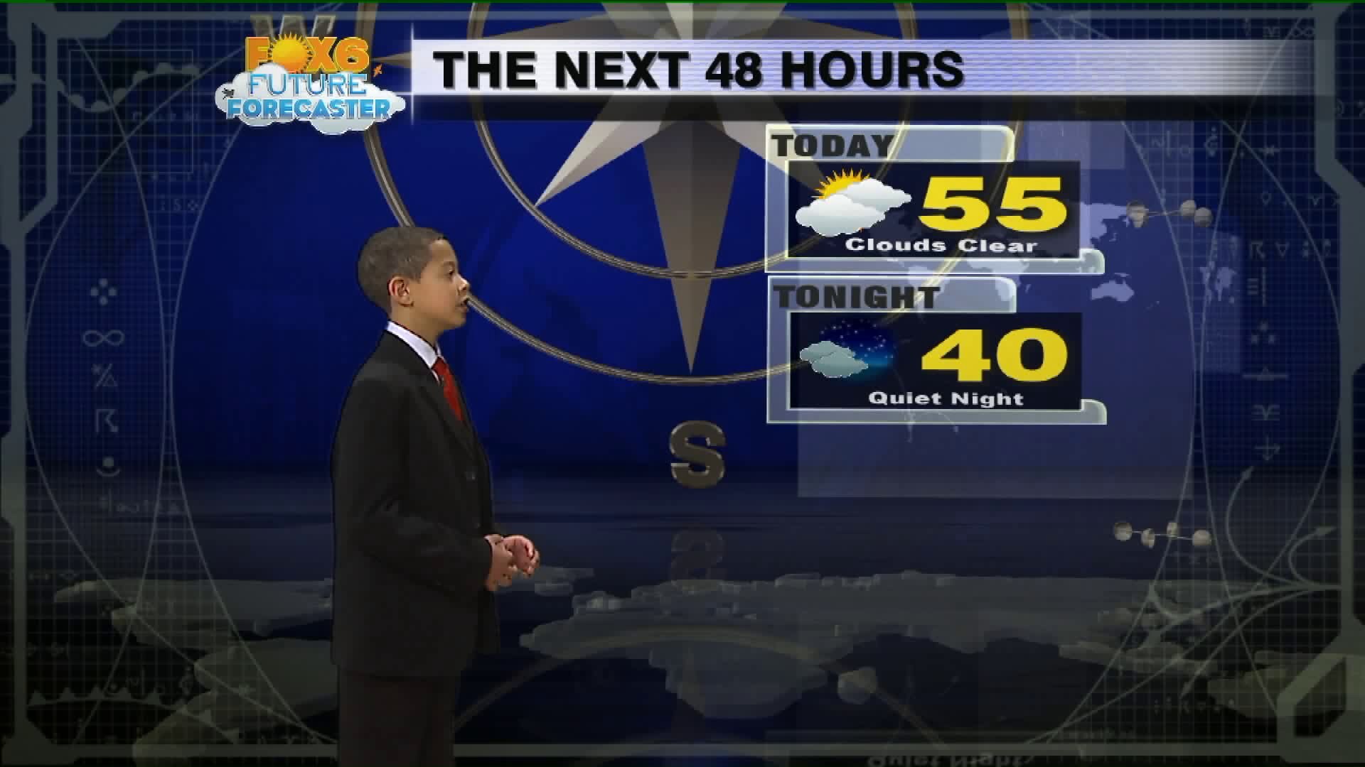 Aaron Calvert helps Meteorologist Rachael Kaye with the weather