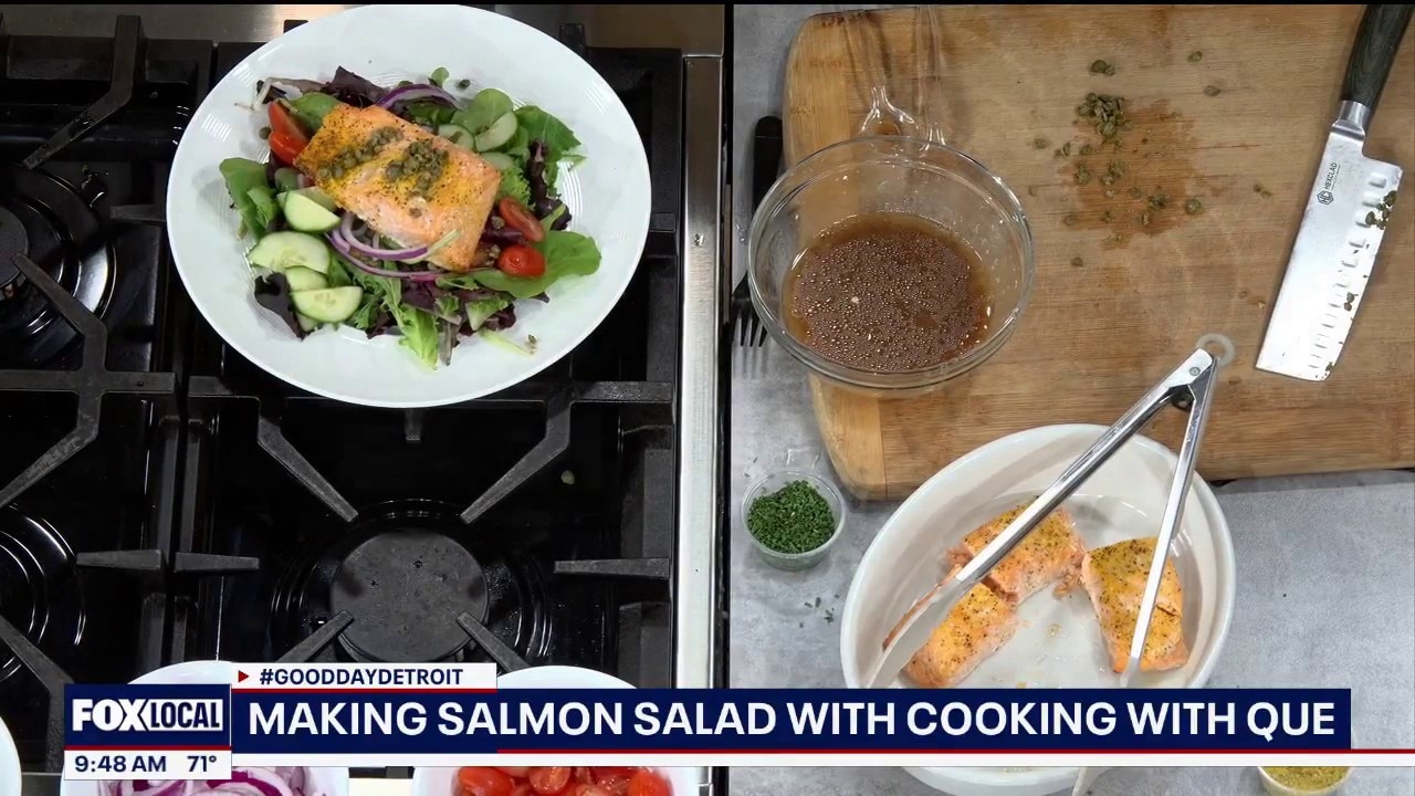 Making salmon salad with Cooking with Que
