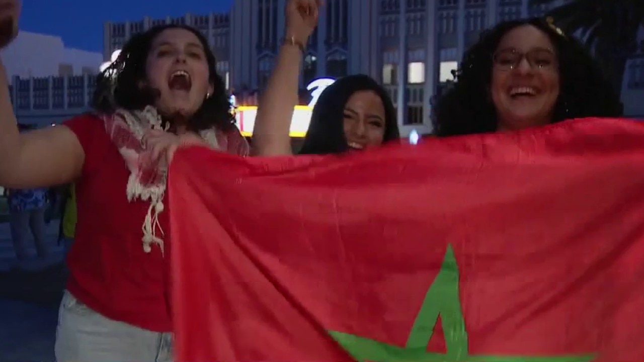 Morocco fans celebrate penalty shootout win at Redwood City watch party