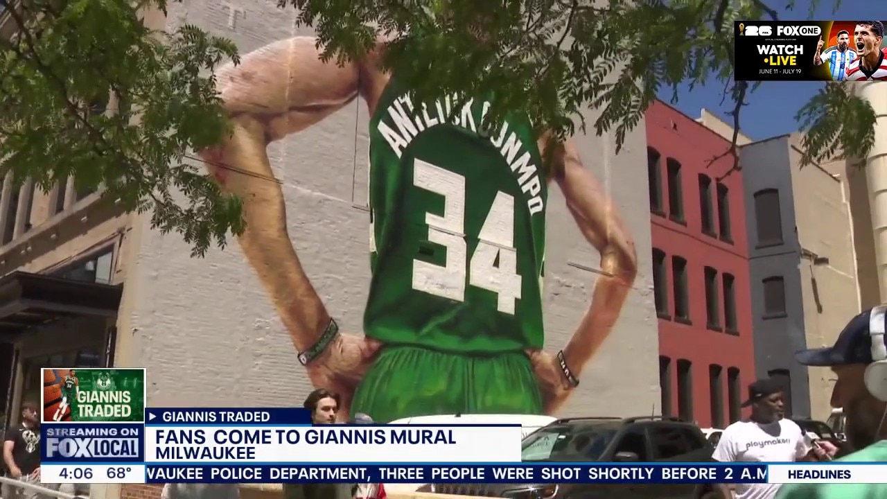 Giannis mural in Milwaukee; Bucks fans gather