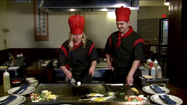 Laura makes eggs at Shogun of Racine