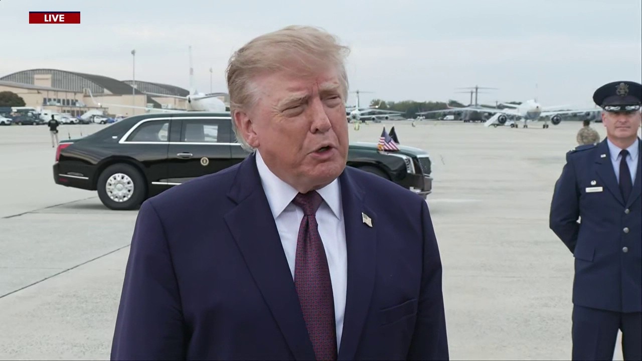 Trump speaks to the media ahead of rally in Ohio