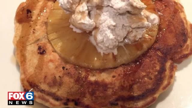 Angelica prepares Pineapple Upside Down Pancakes