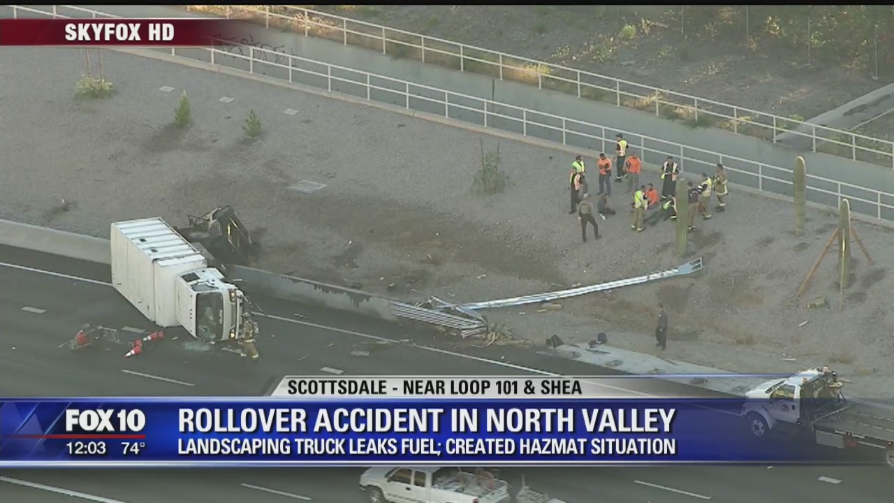 Rolled construction truck blocks traffic along Valley freeway