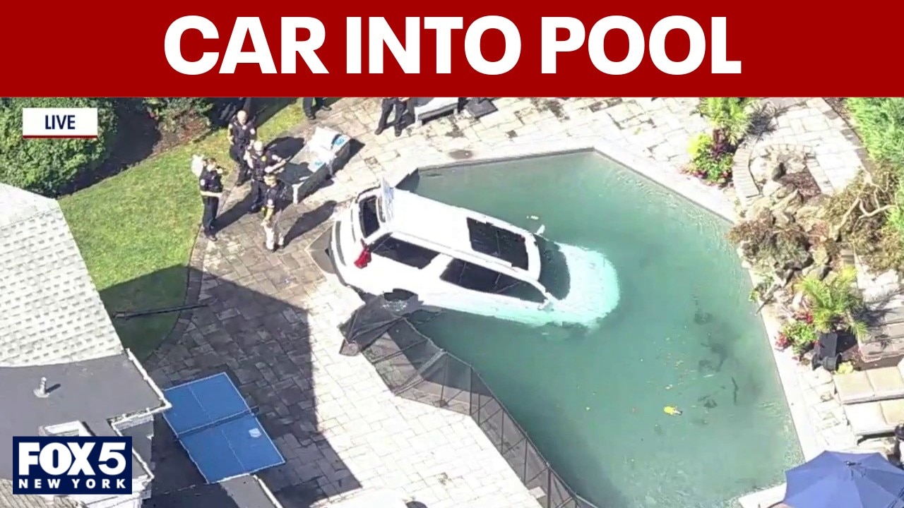 Car plunges into pool on Long Island