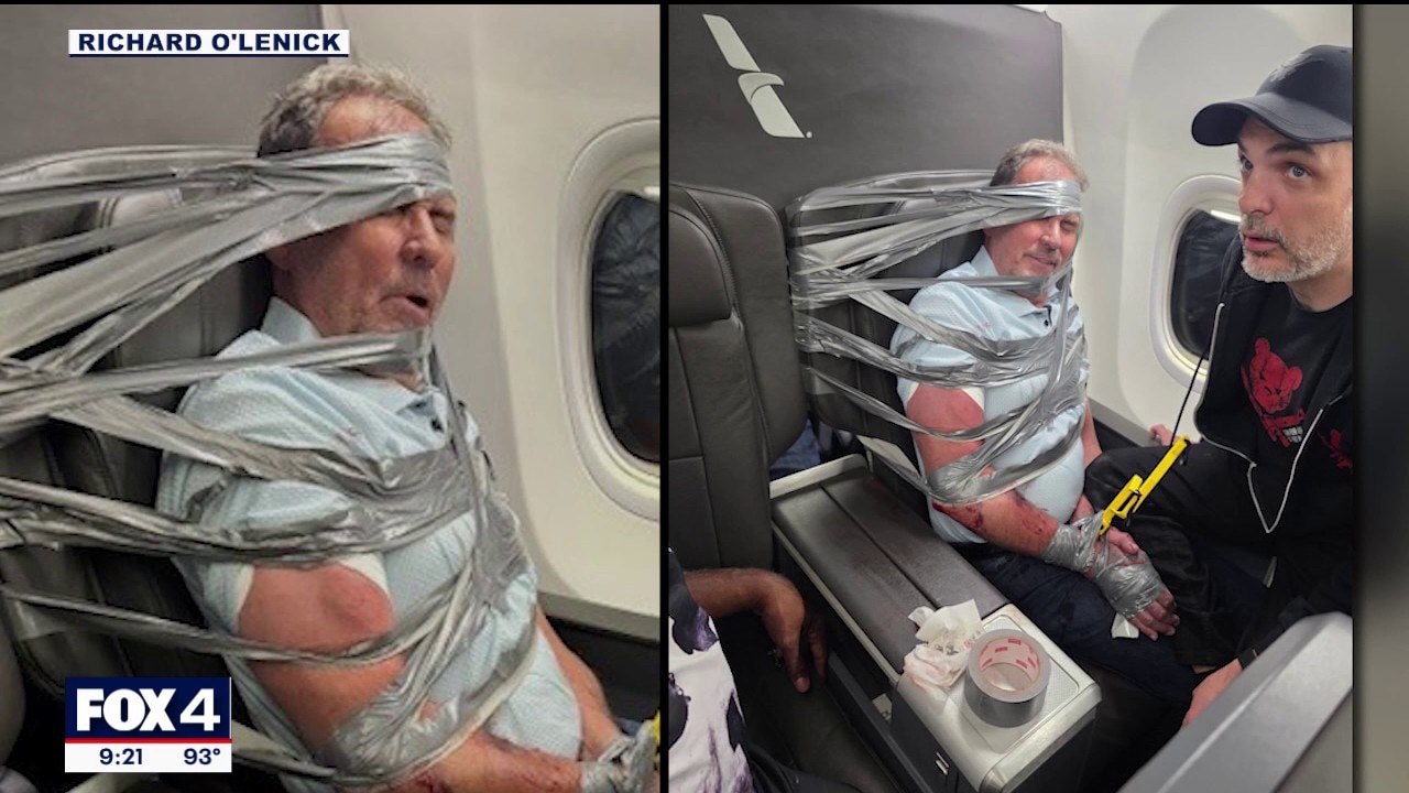 American Airlines passenger duct taped to seat