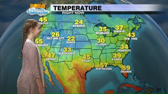Caeli McCue helps Meteorologist Rob Haswell with the weather