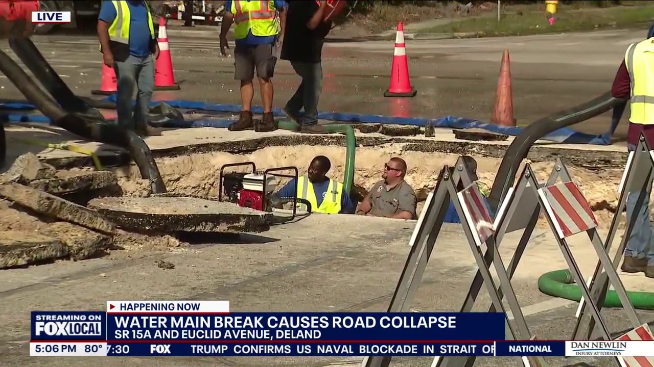 Water main break opens large crater, closes DeLand road