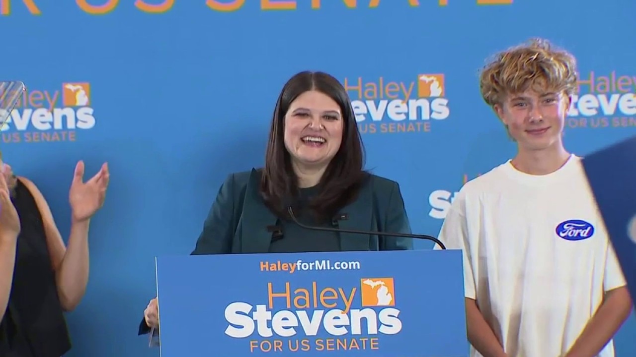 Candidate Haley Stevens speaks as votes are counted in Michigan Primary