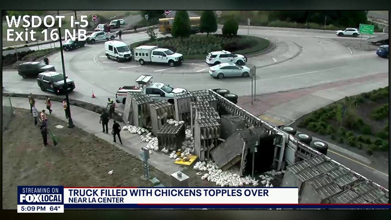 Truck full of chickens topples over near La Center