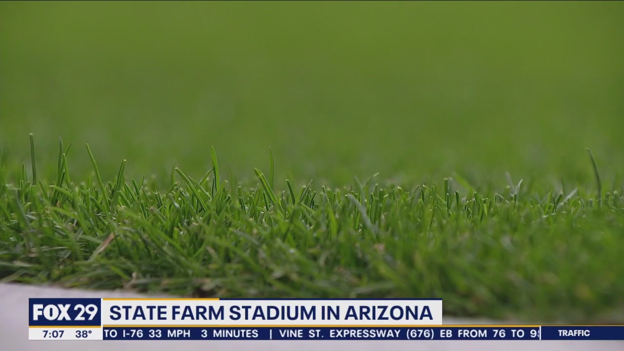 Footbll field is ready for Super Bowl Sunday at the State Farm Stadium in Arizona