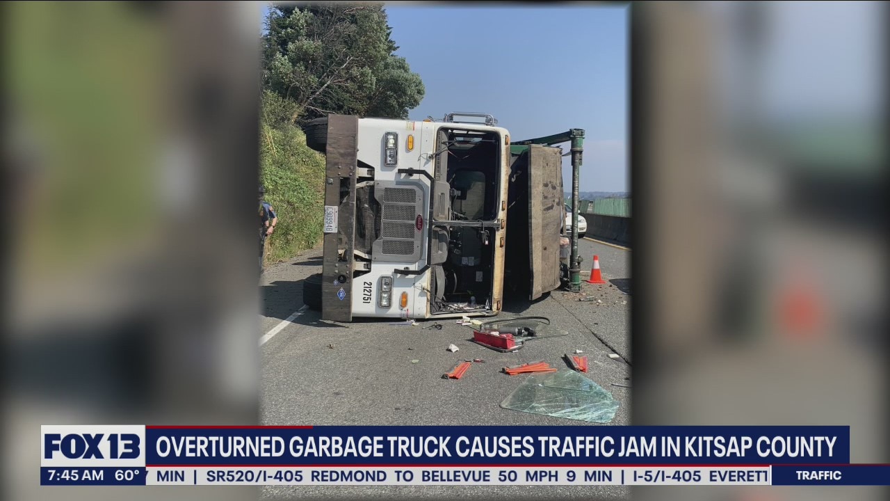 Overturned garbage truck causes traffic jam in Kitsap County | FOX 13 ...