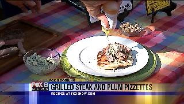Grilled steak and plum pizzettes