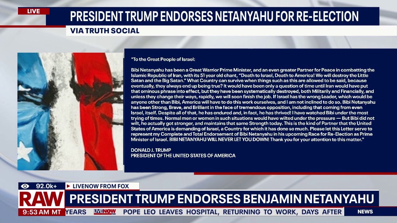 President Trump endorses Netanyahu for re-election