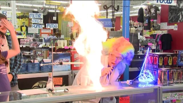 Kramp has a blast participating in a science experiment