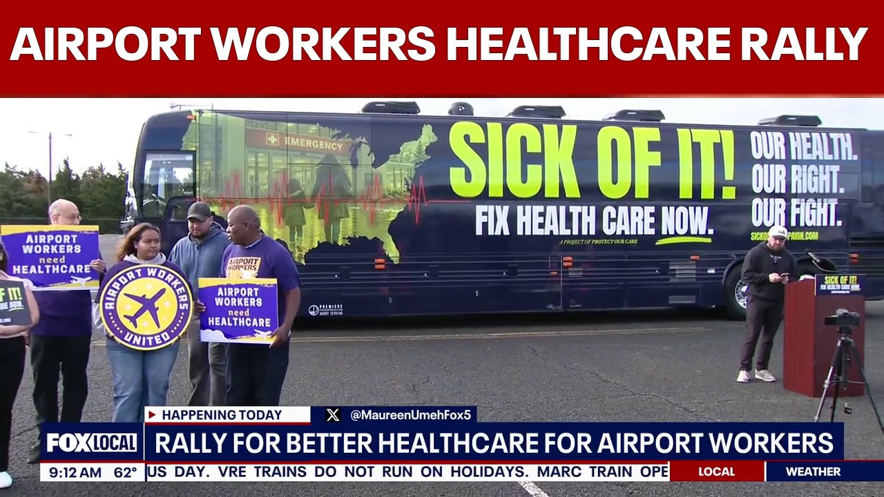Airport workers rally at Dulles Airport over healthcare 