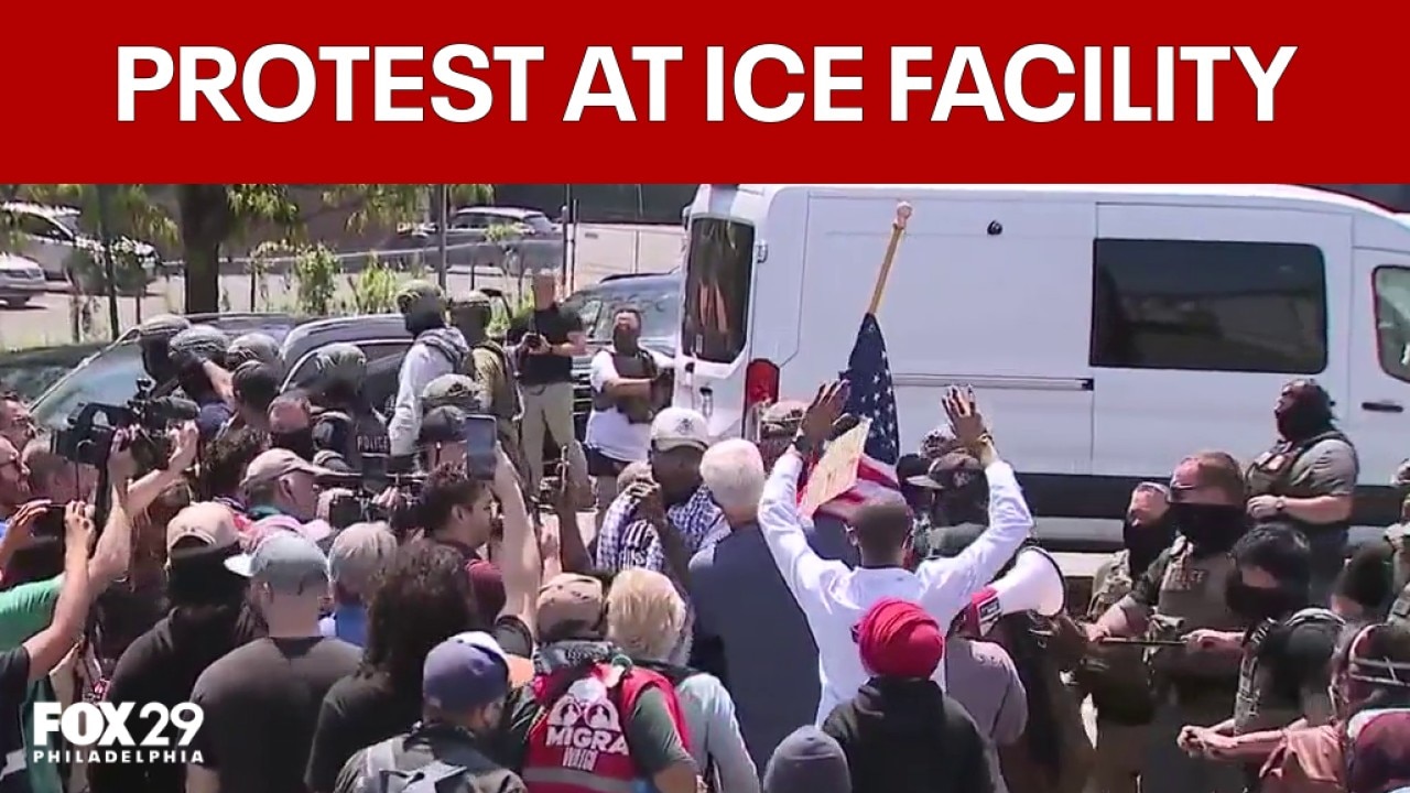 Protesters gather outside of Delaney Hall ICE facility