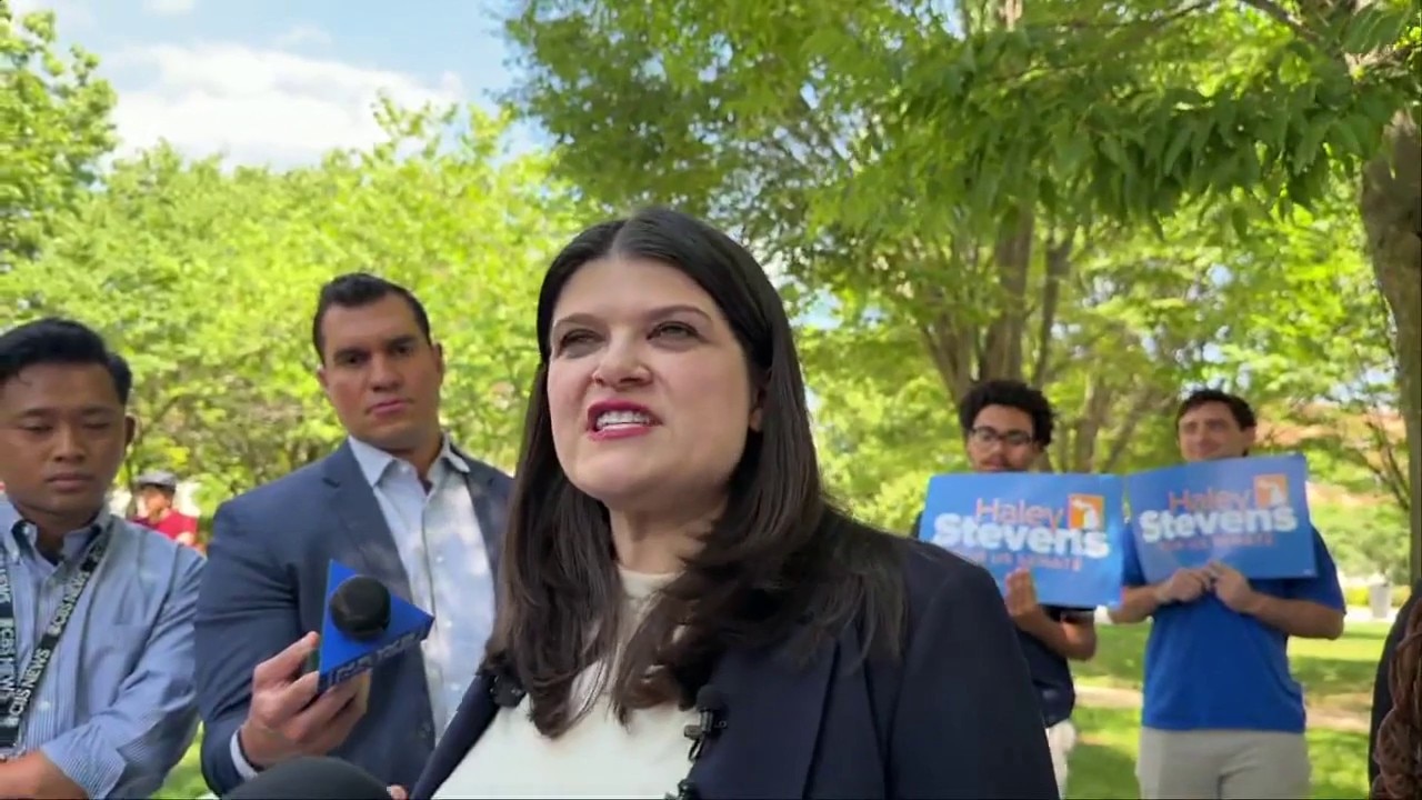 Haley Stevens takes questions from reporters