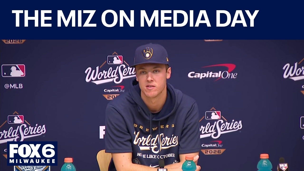 Brewers pitcher Jacob Misiorowski speaks with reporters