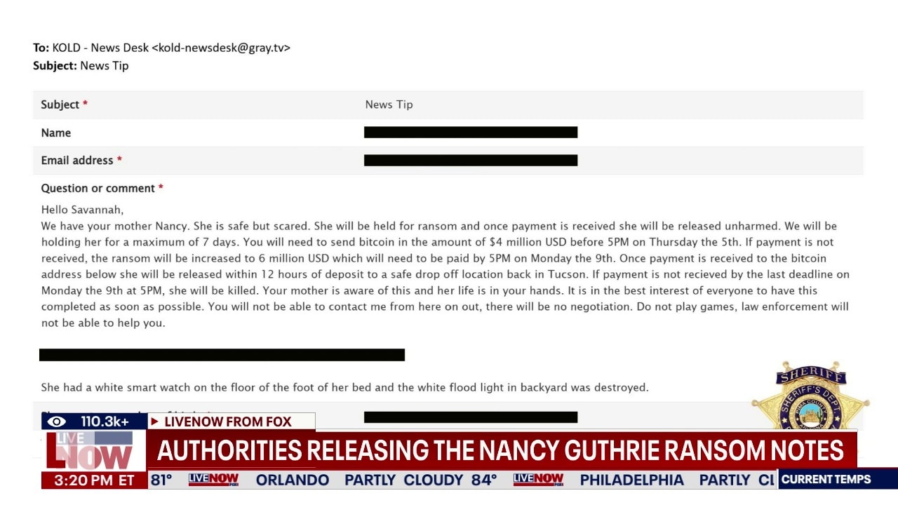 Authorities release Nancy Guthrie ransom notes
