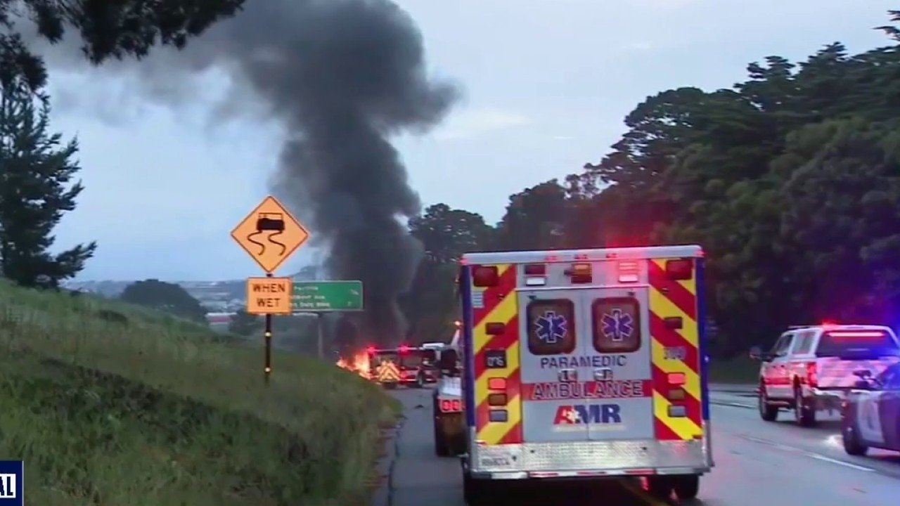 Tesla engulfed in flames shuts down part of I-280 in Daly City