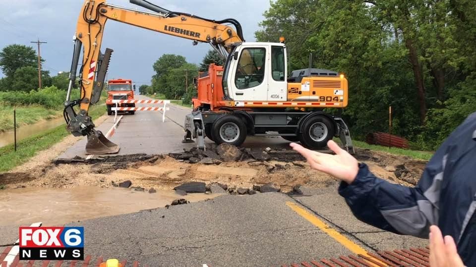 Sinkhole washes out Highway K in Kenosha County