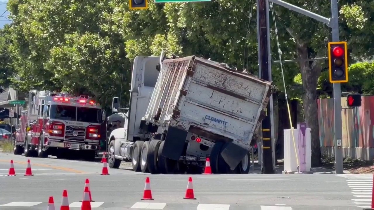 Damaged semi truck shuts down traffic, threatens power outage in San Jose