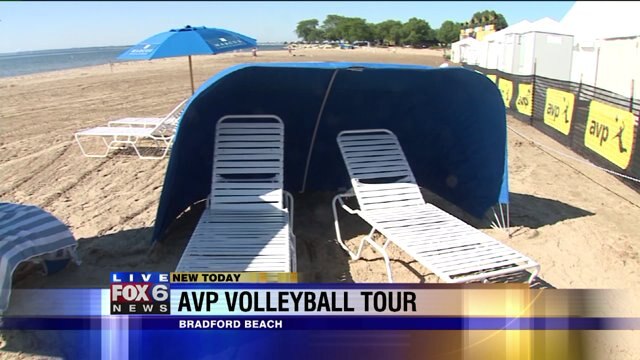 Laura learns about setup ahead of AVP Volleyball Tour