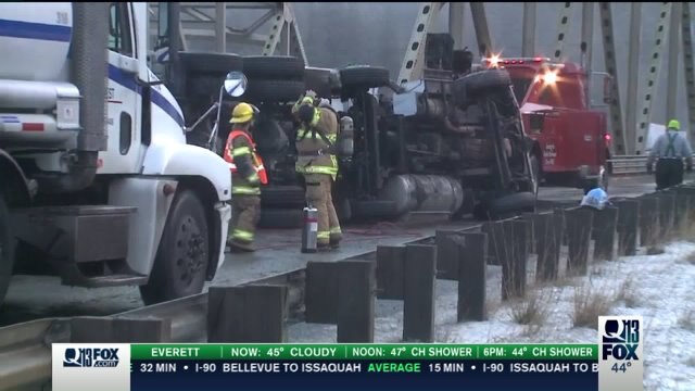 EB I-90 closed near North Bend after tanker truck crash, gas spill