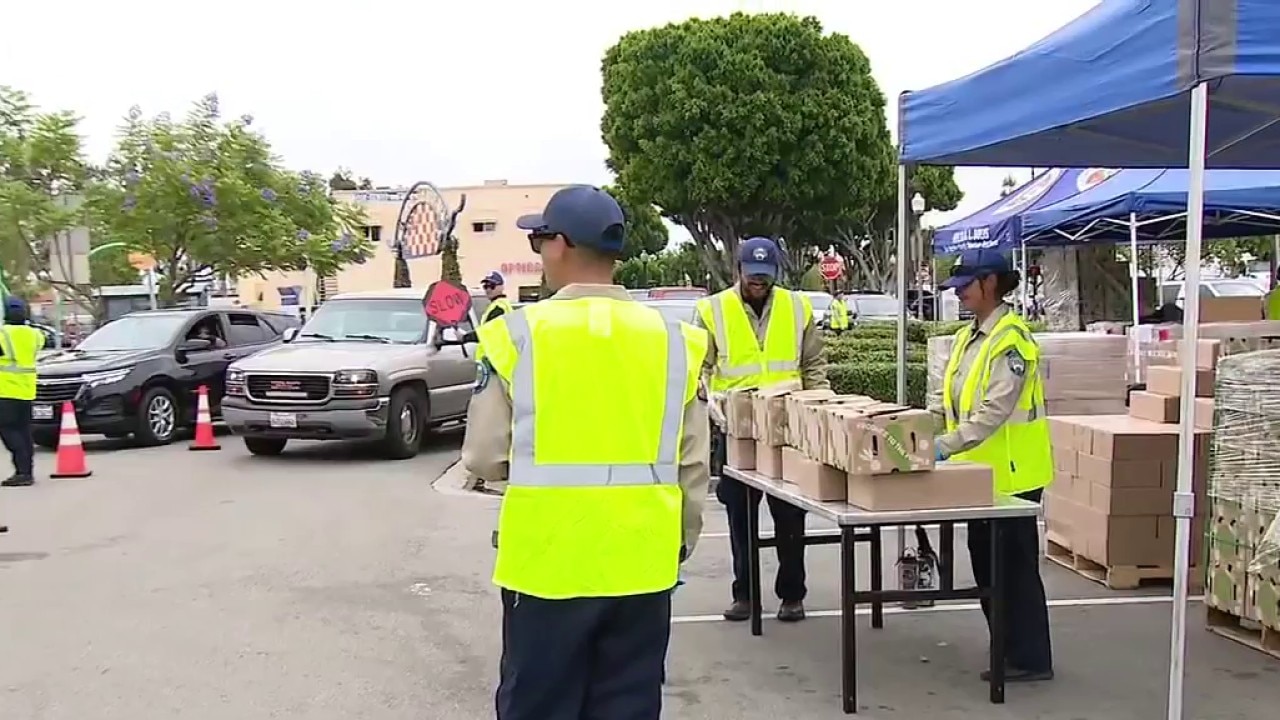 Drive-thru food distribution at Baldwin Park Community Center