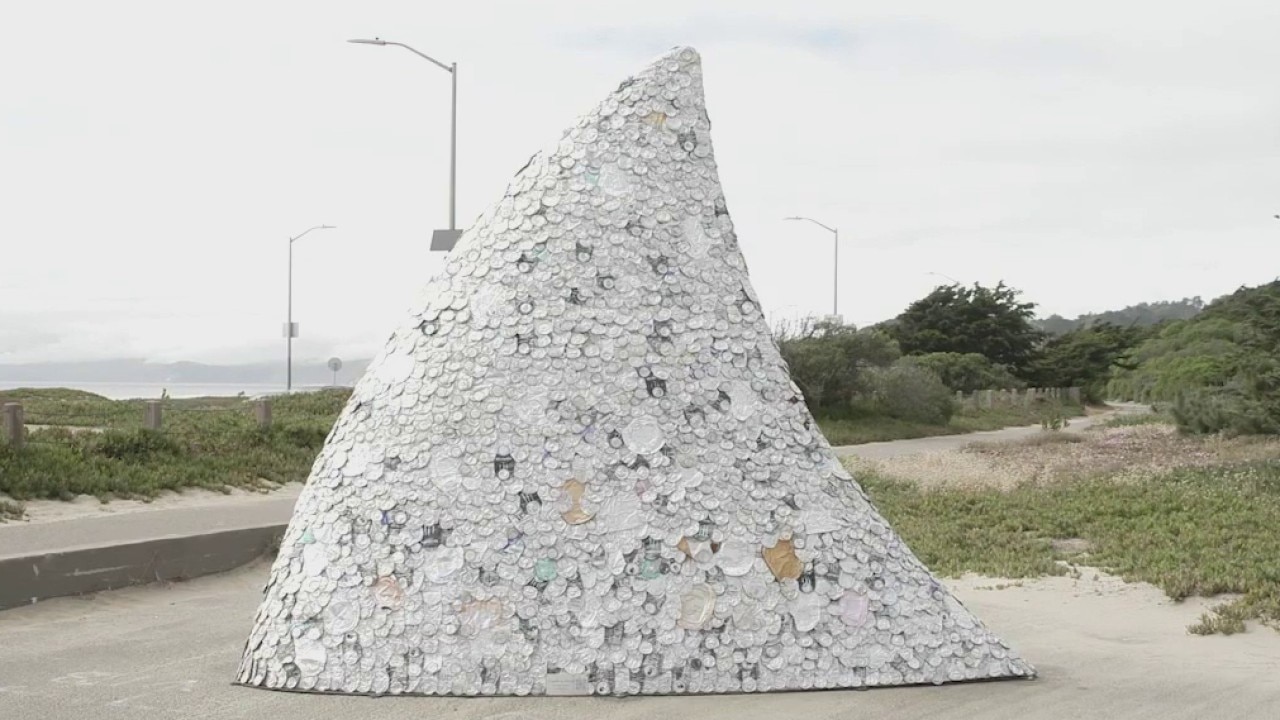 Giant shark fin sculpture unveiled at Ocean Beach to highlight ocean pollution