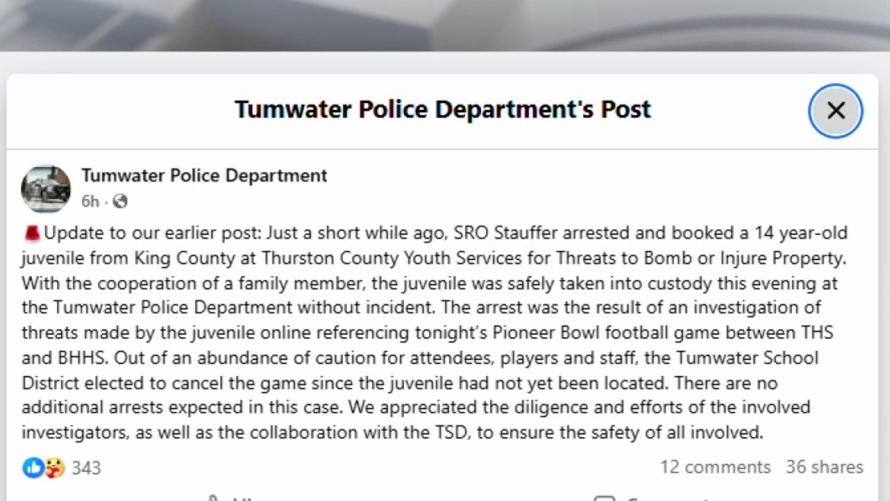 Teen arrested after alleged bomb threats against high school football game in Tumwater, WA