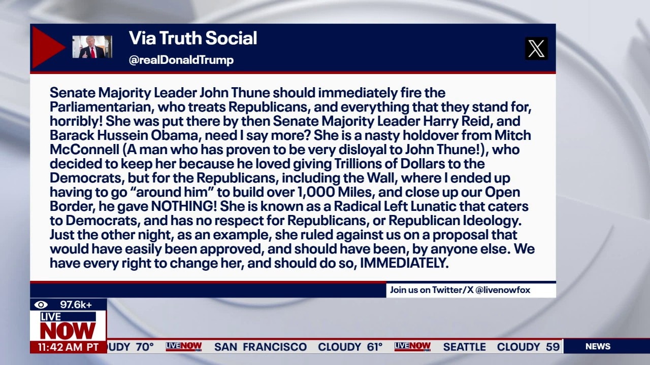 President Trump Calls on Leader Thune to Fire Senate Parliamentarian  Description: