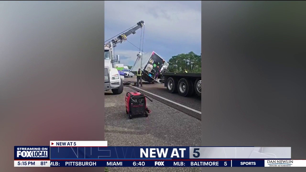 Blown tire causes Florida food truck to flip on I-95