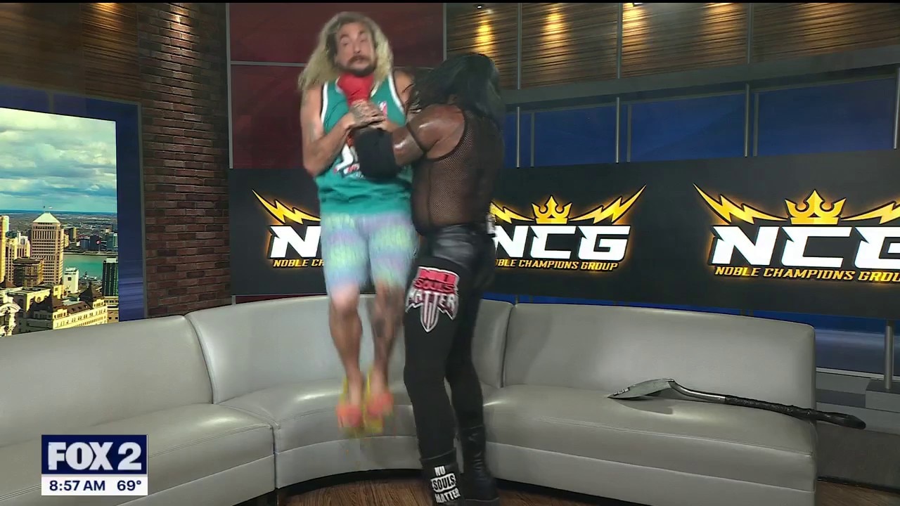 Pre wrestlers throw down on set at FOX 2