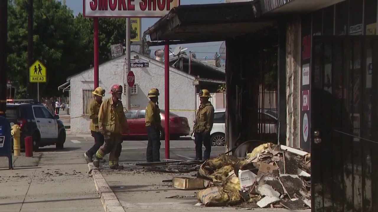 Bellflower smoke shop on fire after shooting