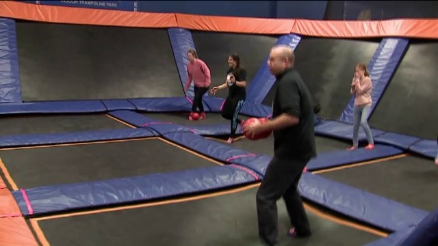 Kramp has a blast playing games while jumping on trampoline