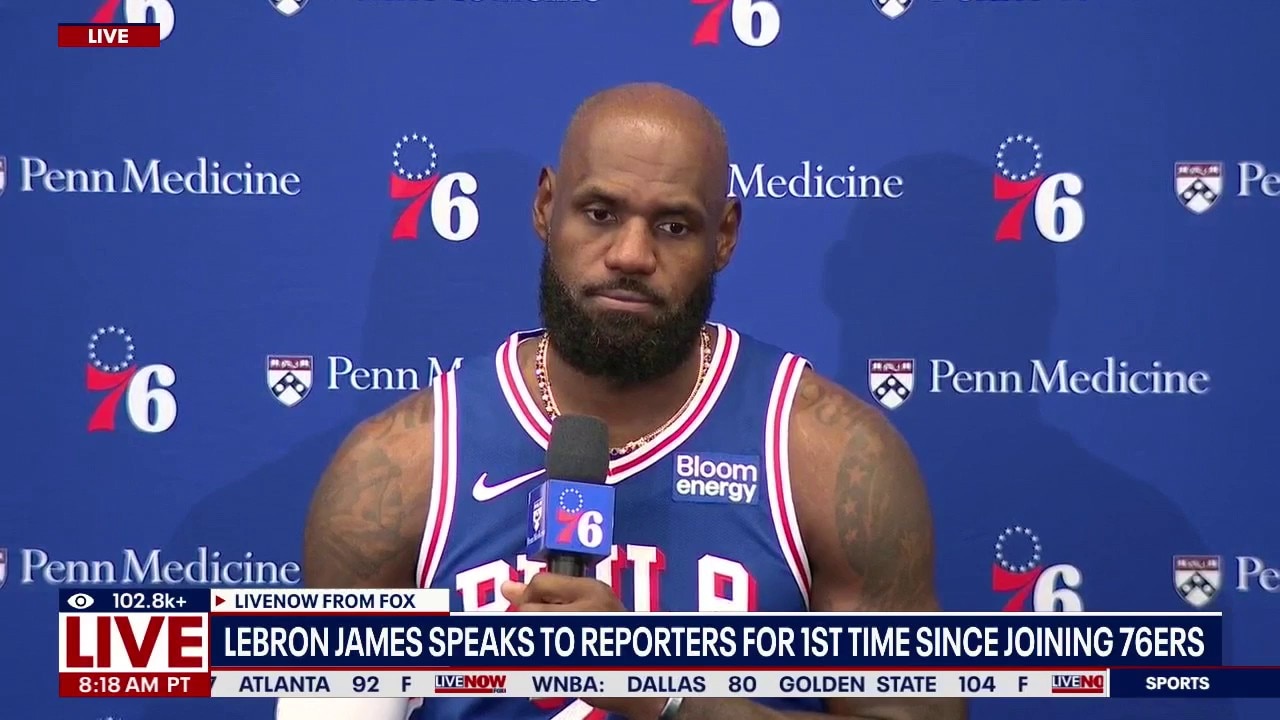 Lebron James speaks to reporters for 76ers Media Day