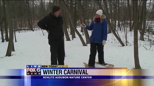 Laura learns how to snow shoe at the Schlitz Audubon Nature Center