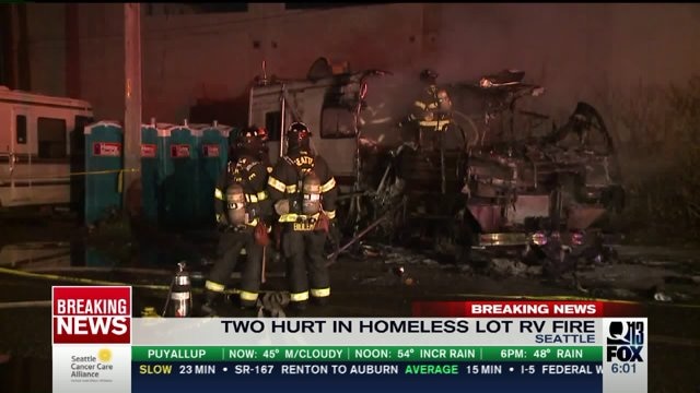 Two people burned in RV fire at Seattle homeless camp