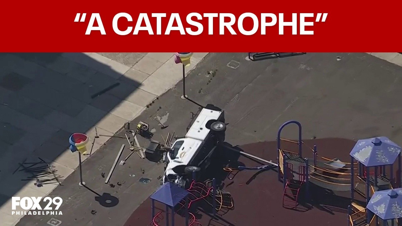 Stolen pickup slams into car, flips onto Mitchell Elementary playground in Philadelphia